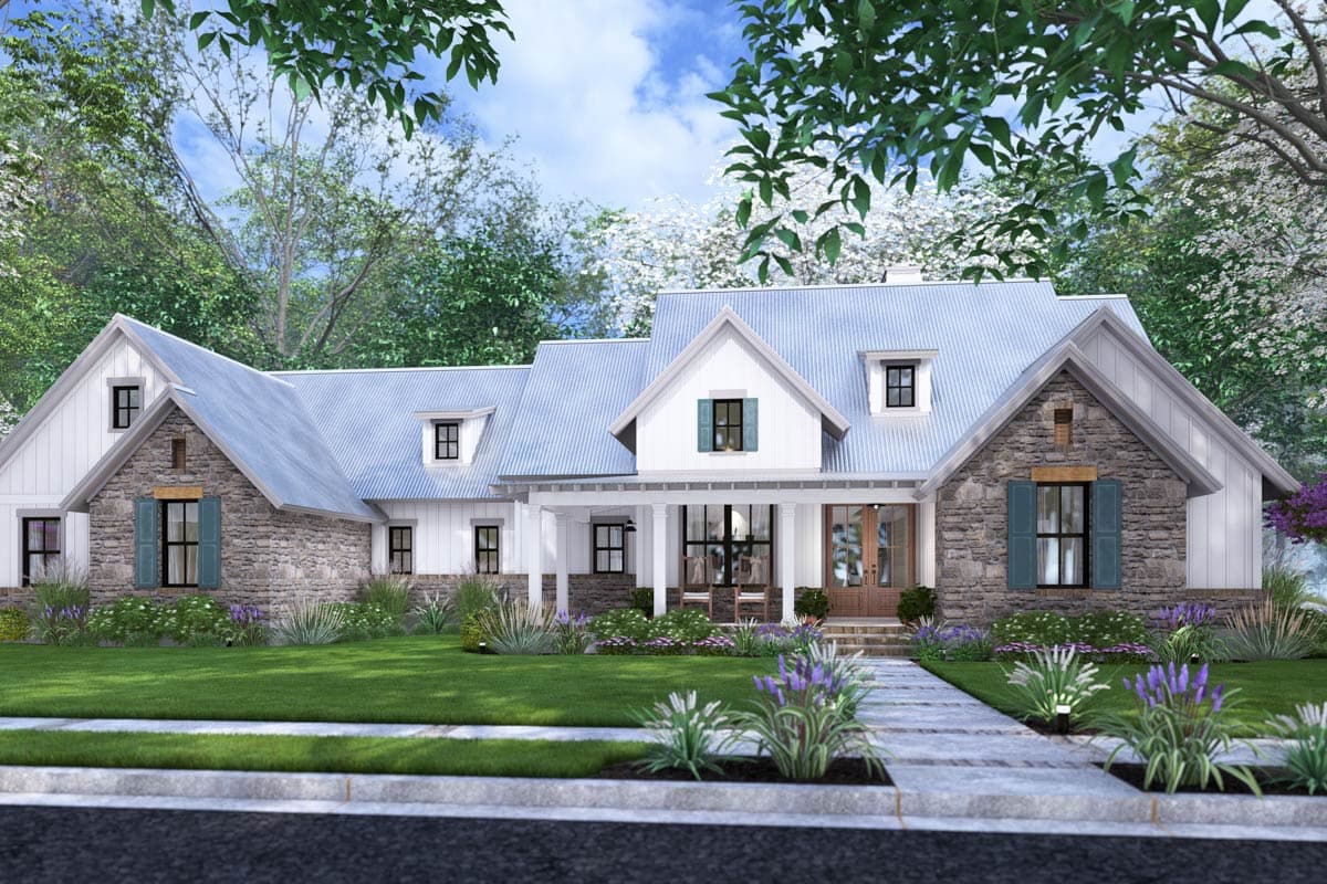 Modern farmhouse house plan exterior with stone accents, metal roof, gabled dormers, and covered front porch.