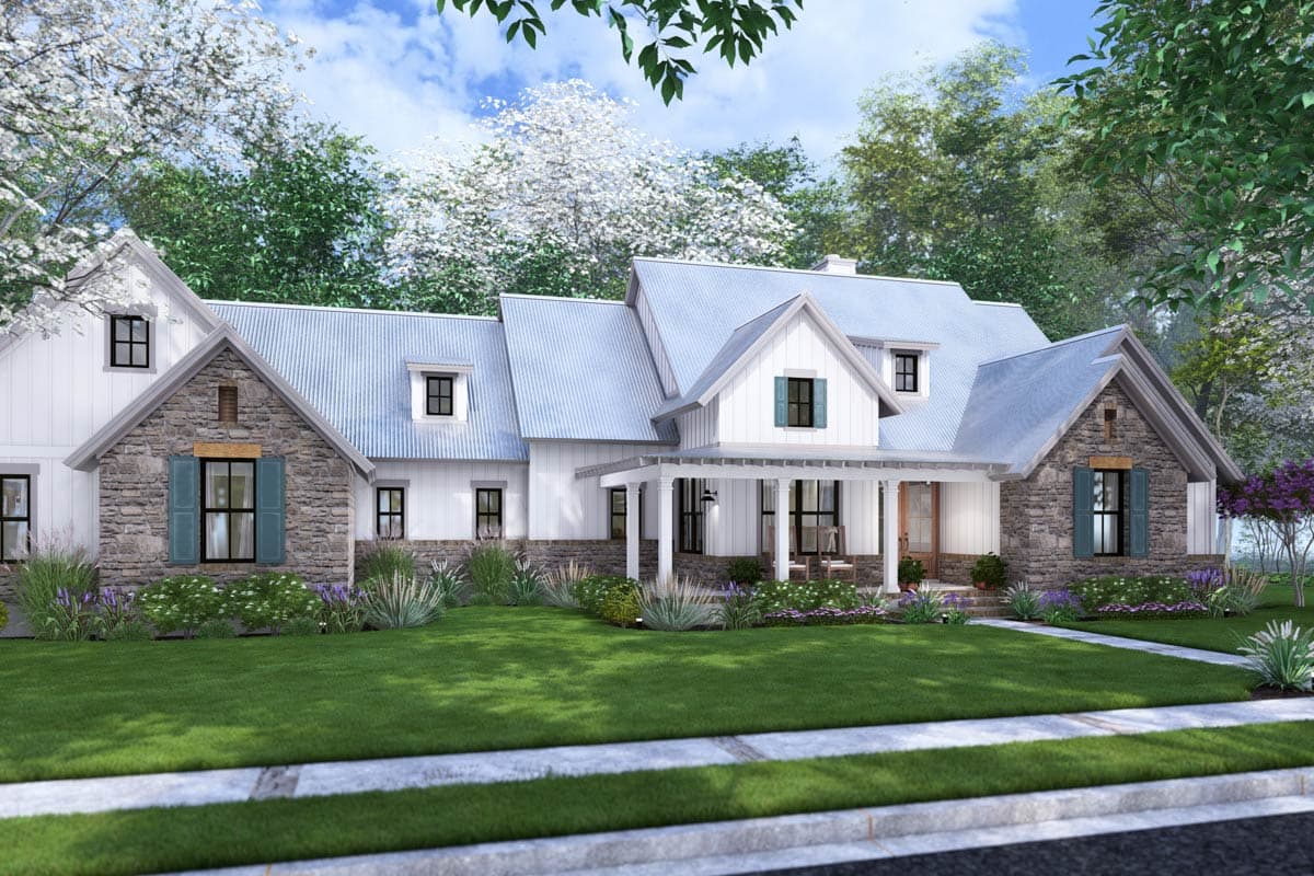 House plan exterior rendering of a two-story Modern Farmhouse with stone accents, a metal roof, and a covered front porch.