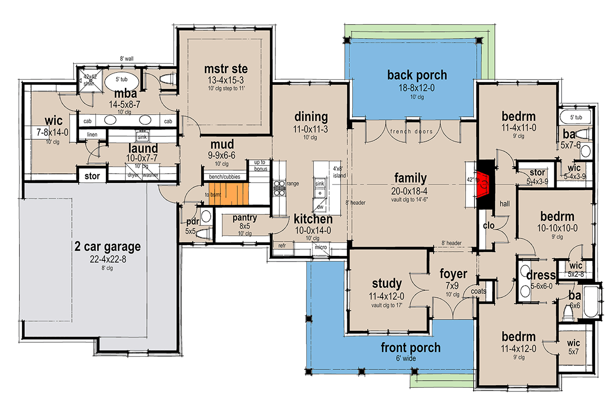 Plan 16938WG: 4-Bed Modern Farmhouse Plan with Bonus Room Over Garage - 2385 Sq Ft - Floor Plan - Main Level - Country, Farmhouse, Modern Farmhouse, New American, Southern