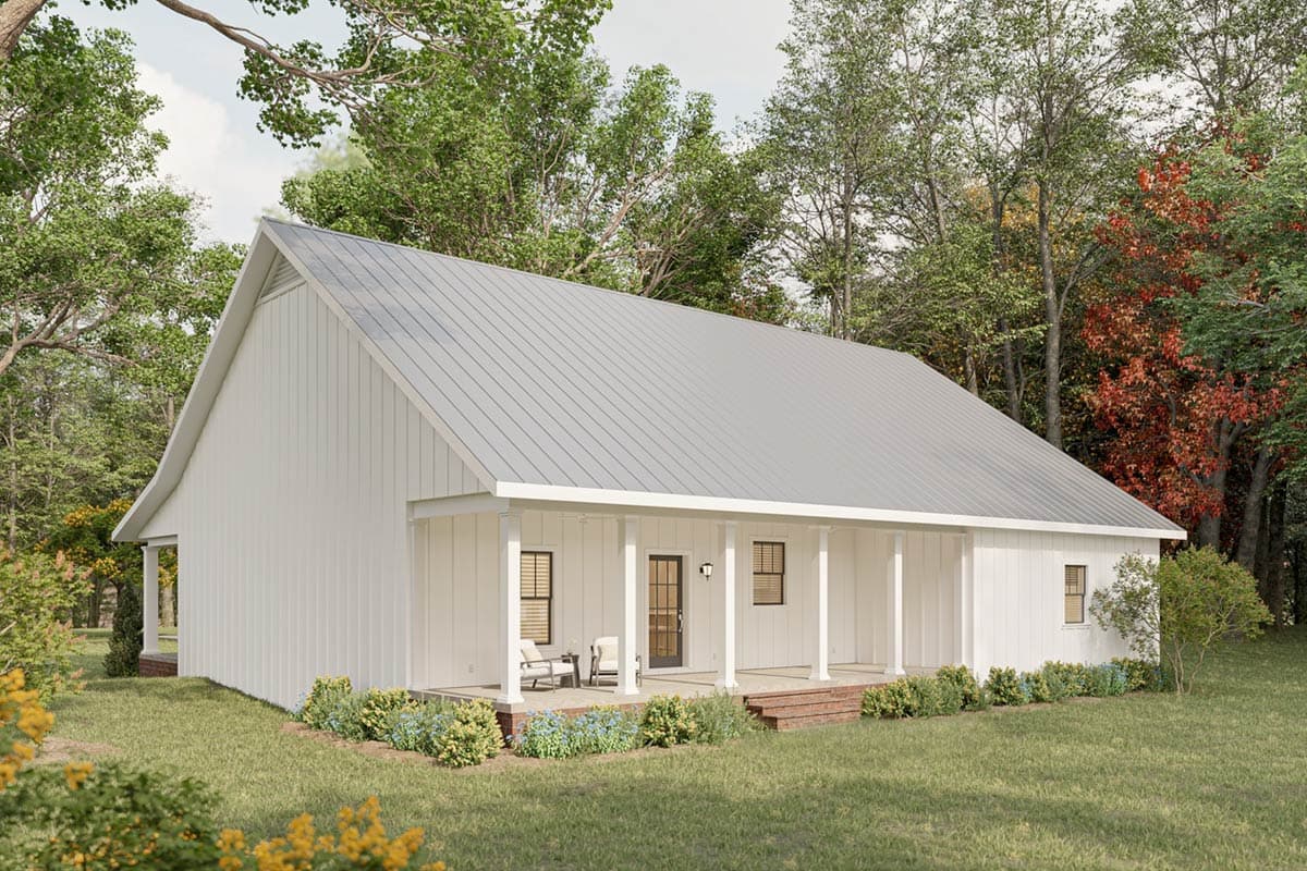 House plan exterior: Single-story Modern Farmhouse with a full-width porch, metal roof, and board-and-batten siding.