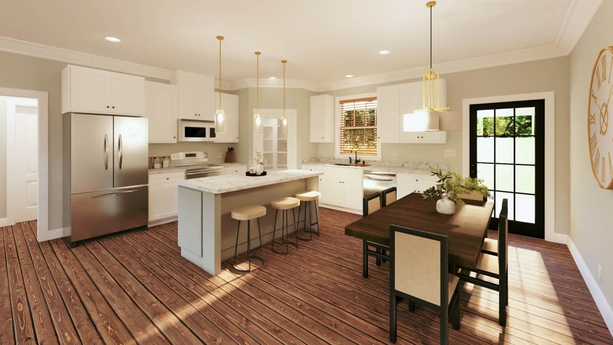 Kitchen with island seating, stainless steel refrigerator, white cabinets, dining table, and dark wood floors.