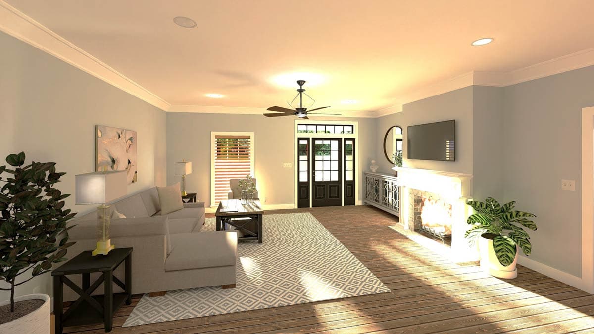 Living room rendering with fireplace, sectional sofa, coffee table, and double entry doors.