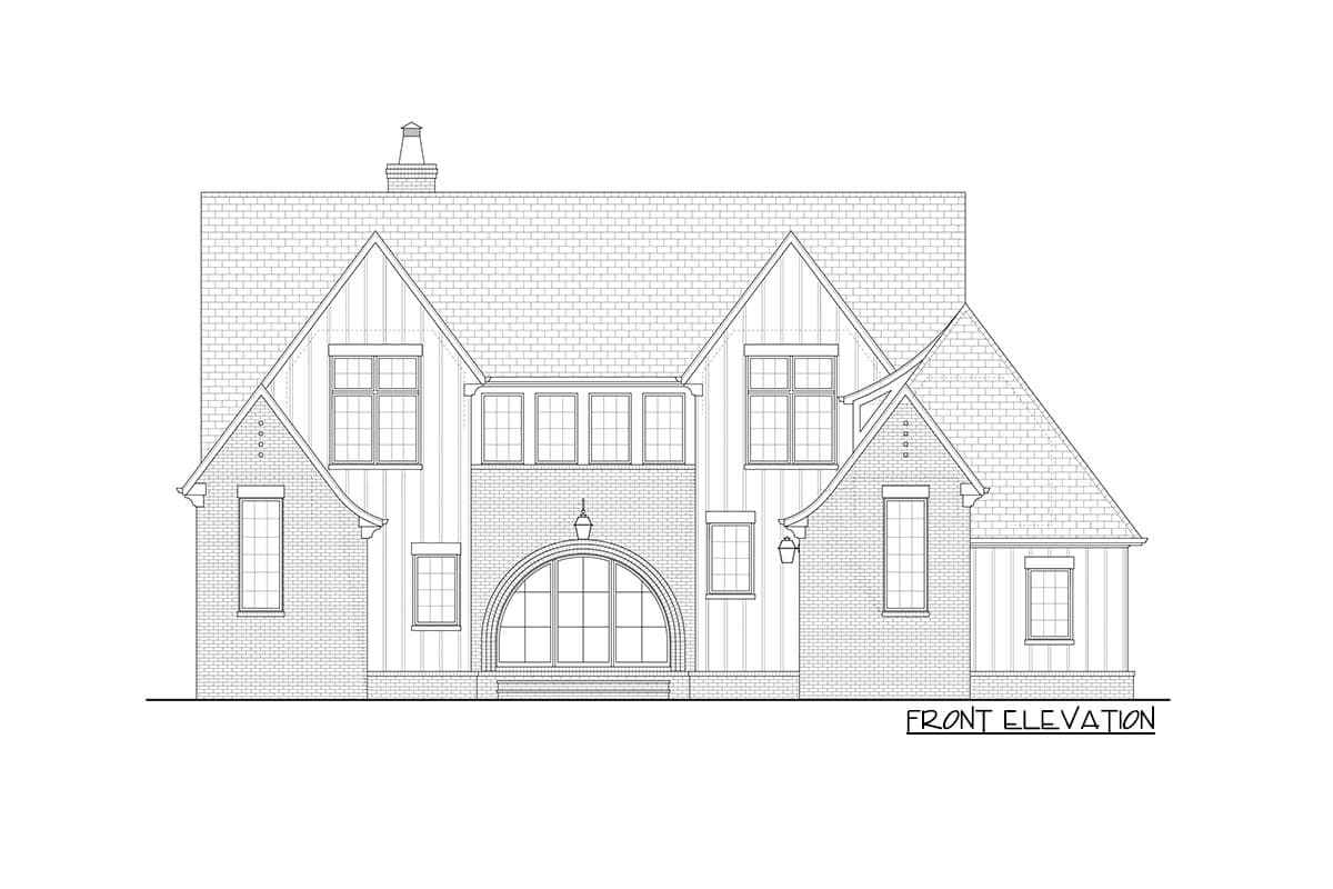 Front elevation drawing of a two-story house plan featuring multiple gables, a large arched window, and brick and vertical siding.