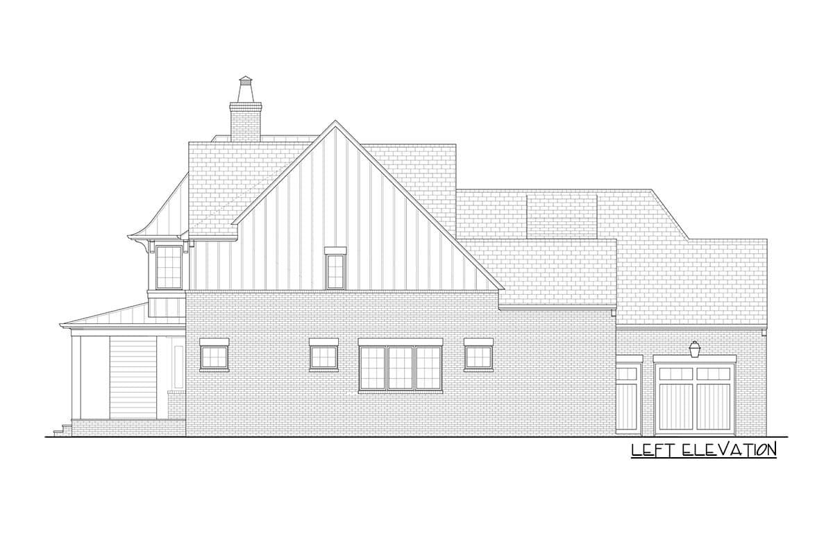 Left elevation house plan showing a two-story home with brick exterior, gables, dormer, and attached garage.