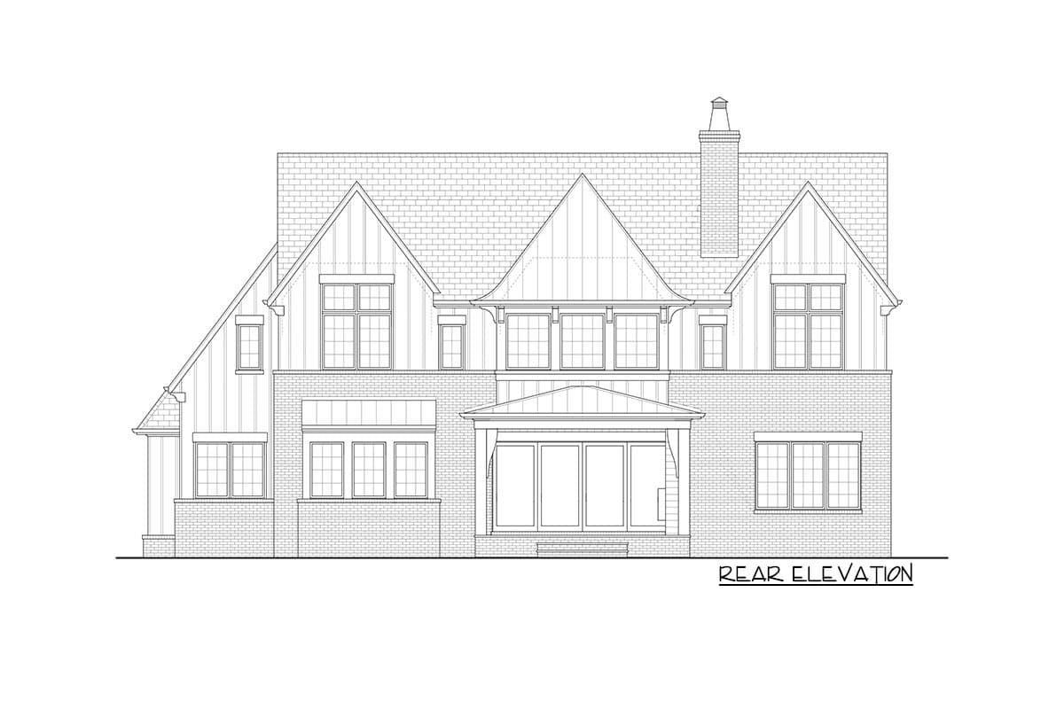 Rear elevation house plan with brick and vertical siding, multiple gables, dormers, and a covered entrance.
