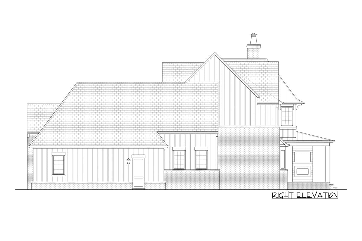 Right elevation drawing of a house plan featuring brick and vertical siding, multiple gables, a chimney, and a covered porch.