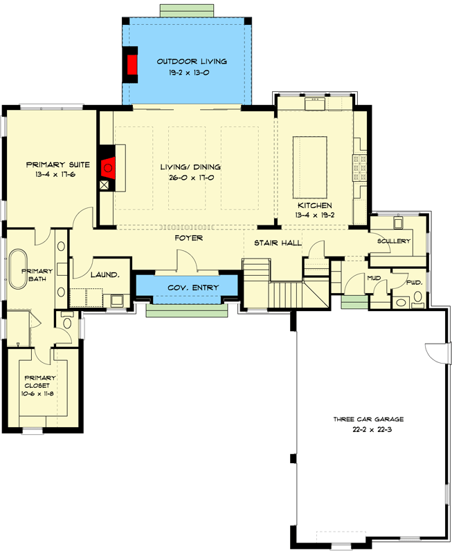 Plan 93223EL: 4-Bed Contemporary Transitional Home Plan with Outdoor Fireplace - 3358 Sq Ft - Floor Plan - Main Level - Contemporary, European, French Country, Transitional, Tudor