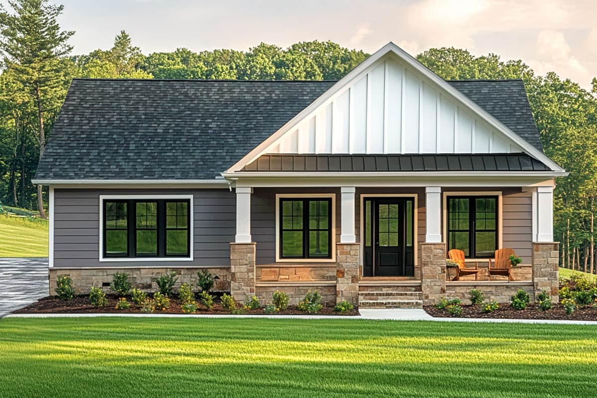 A modern bungalow with gray siding, black-framed windows, and a stone-clad porch. Two chairs sit on the porch, inviting relaxation in the sunlight.