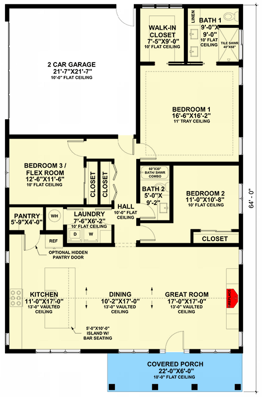Plan 421016HFC: 2 or 3 Bed Country House Plan with Vaulted Great Room and 2-Car Garage - 1776 Sq Ft - Floor Plan - Main Level - Country, Modern Farmhouse, Traditional