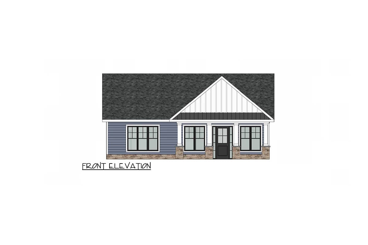 A front elevation architectural drawing of a house with blue siding, a dark grey roof, and a white gabled entrance with a black front door.