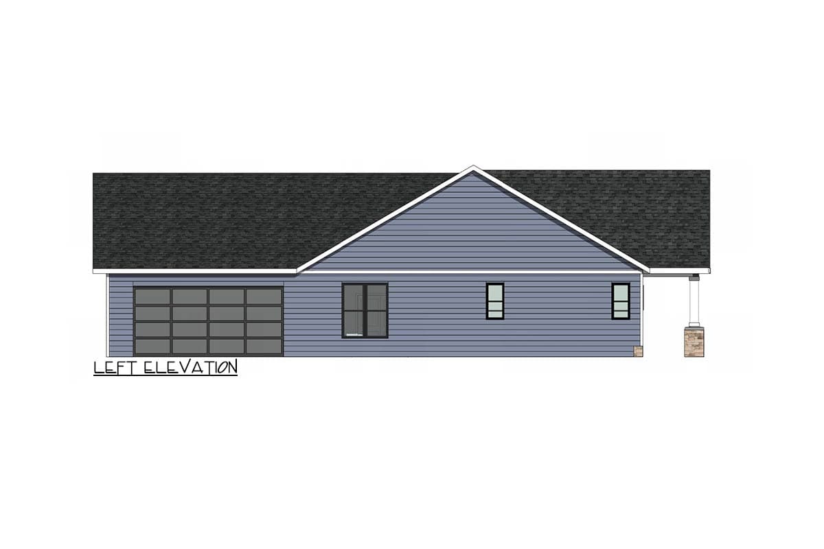 Architectural rendering of a blue house with dark gray roof, garage door, and a small porch with a stone pillar.