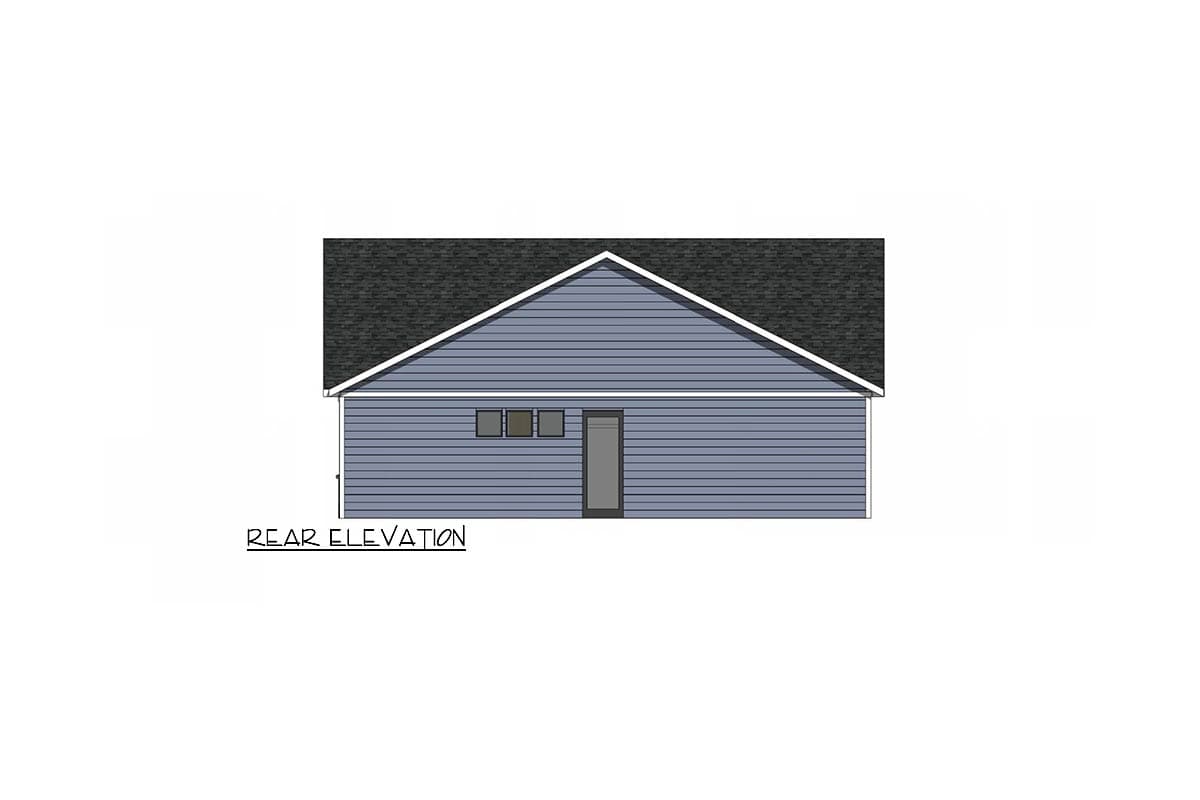 Rear elevation rendering of a building with blue siding, a dark roof, and a single door. Small windows are visible near the door.