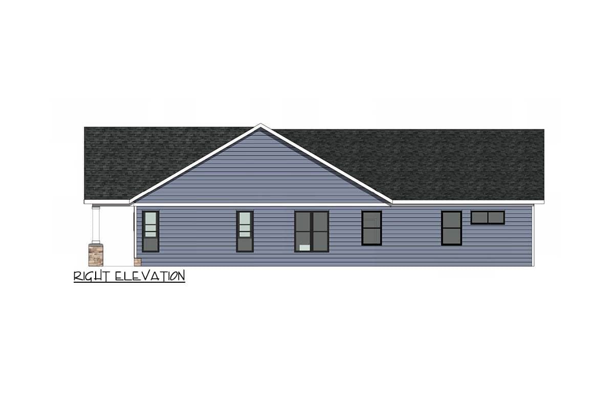 Architectural rendering of a house, right elevation view. Features blue siding, a dark roof, and multiple windows. A small porch with stone accents.