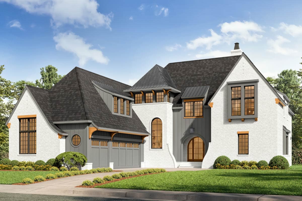 House plan exterior. Two-story with mixed rooflines, stone facade, and arched window. Features include a side-entry garage and dormers.