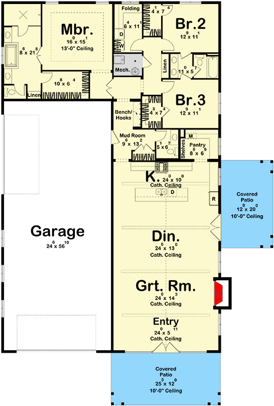 Plan 623494DJ: One-Story Barndominium House Plan with Open Concept Living and Cathedral Ceilings - 2524 Sq Ft - Floor Plan - Main Level - Barndominium
