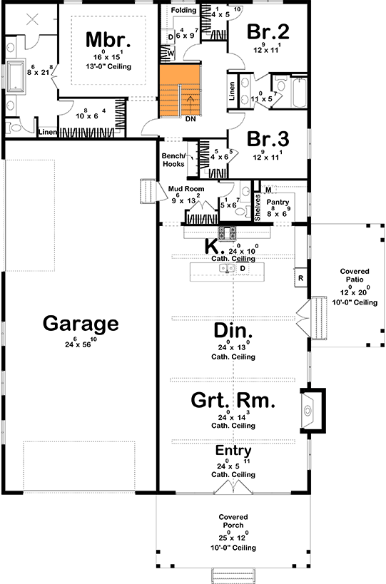Plan 623494DJ: One-Story Barndominium House Plan with Open Concept Living and Cathedral Ceilings - 2524 Sq Ft - Floor Plan - Basement Stairs Location - Main Level - Barndominium