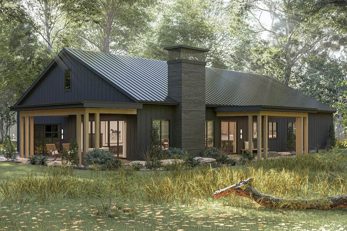 House plan exterior. Modern style, single-story home with a gable roof, covered porch, and a prominent brick chimney.