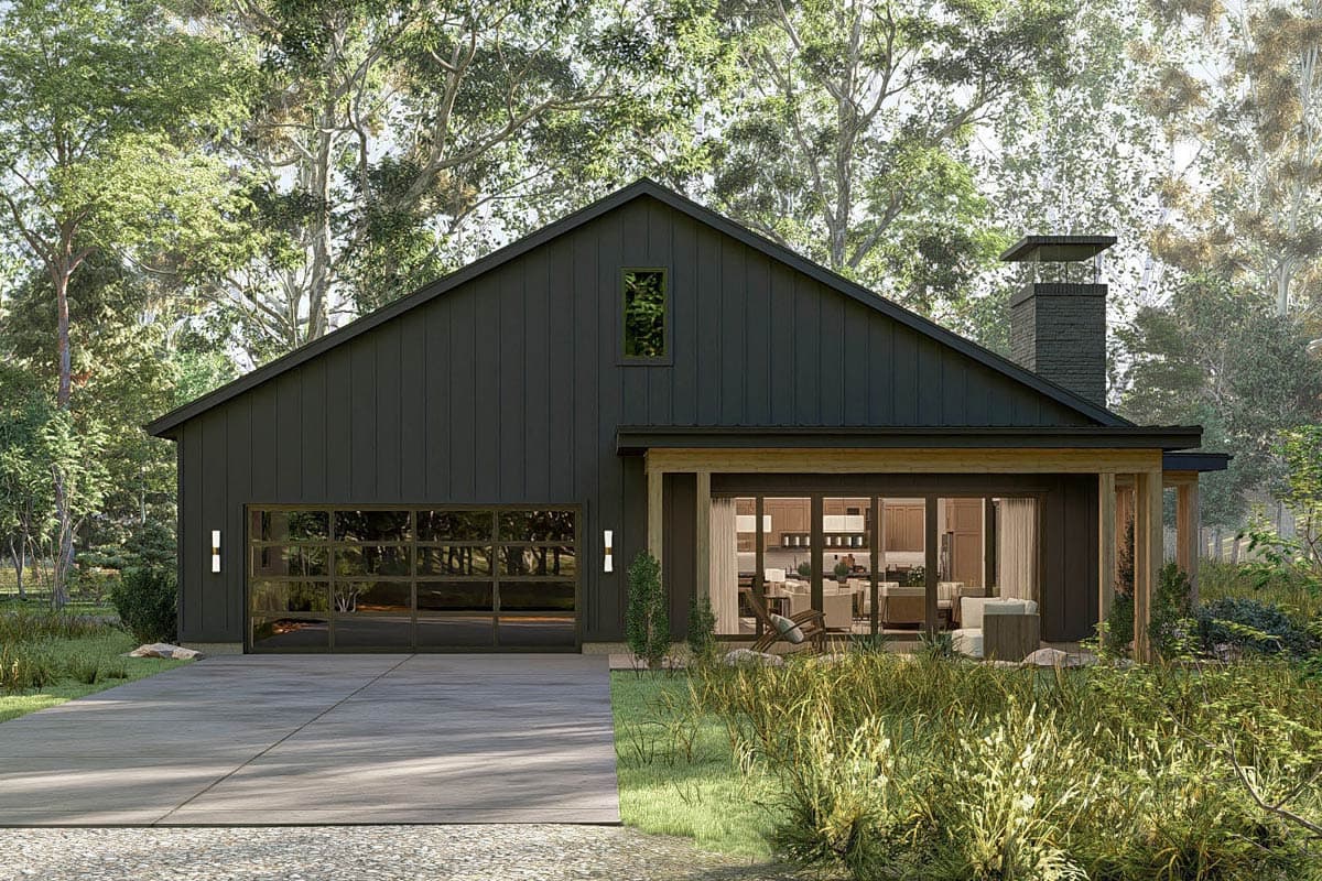 Modern house plan exterior with a dark metal standing seam roof, attached garage, and large glass doors revealing the interior.