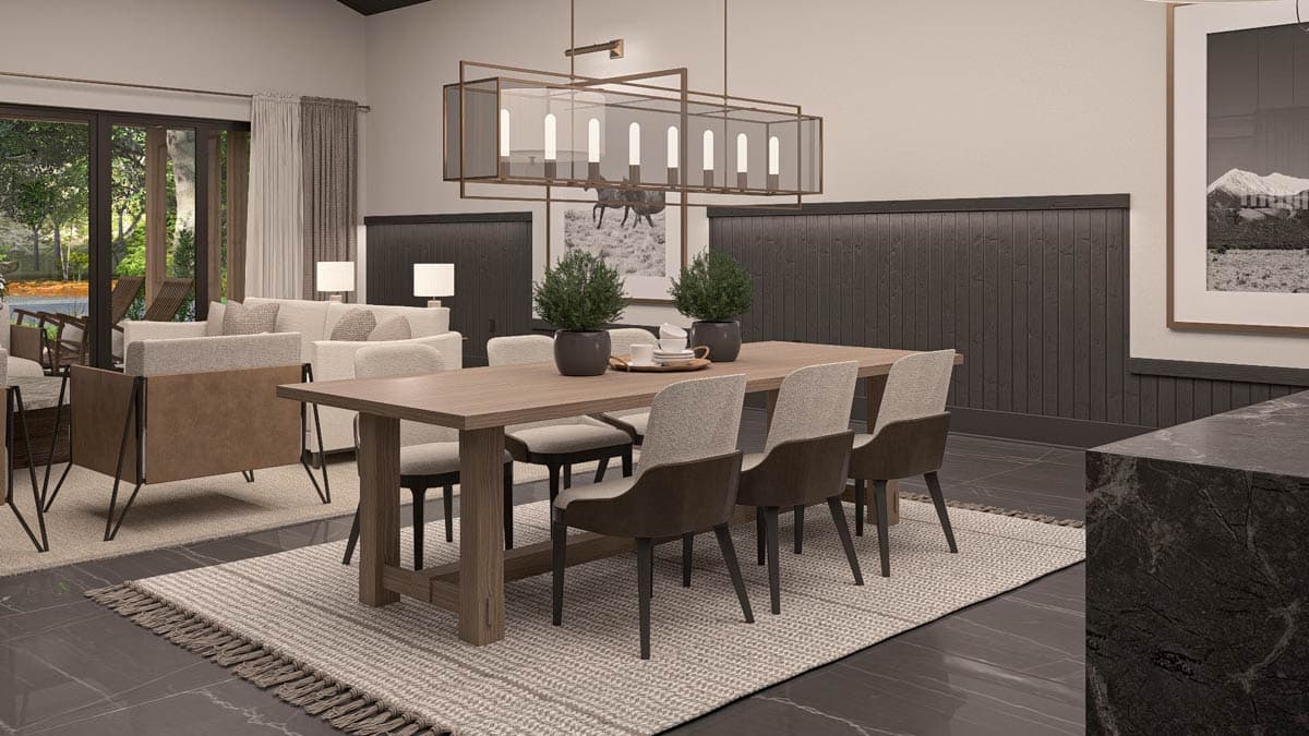Dining area with wooden table, upholstered chairs, large window, and modern chandelier.