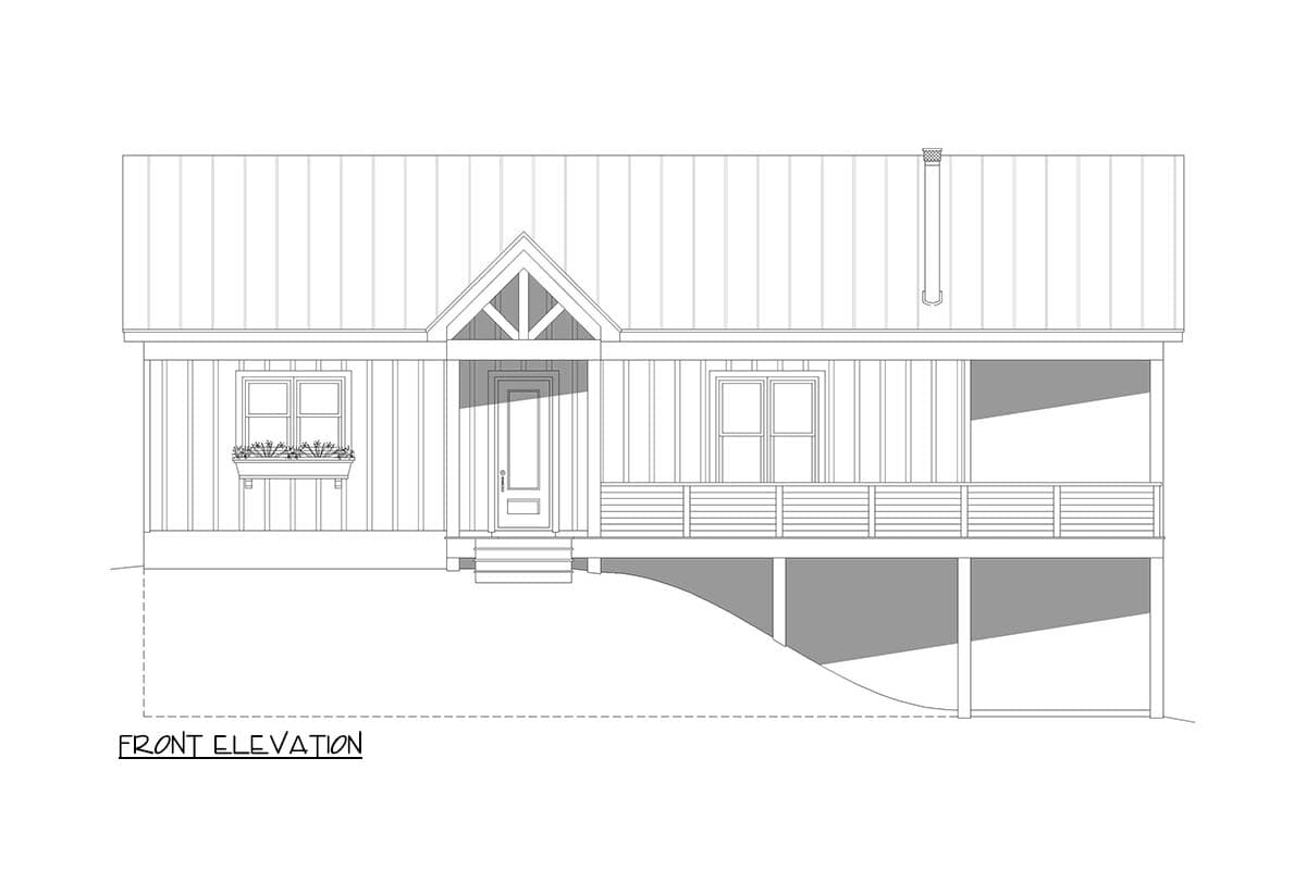 Front elevation drawing of a house with a gabled entrance, porch, and metal roof.