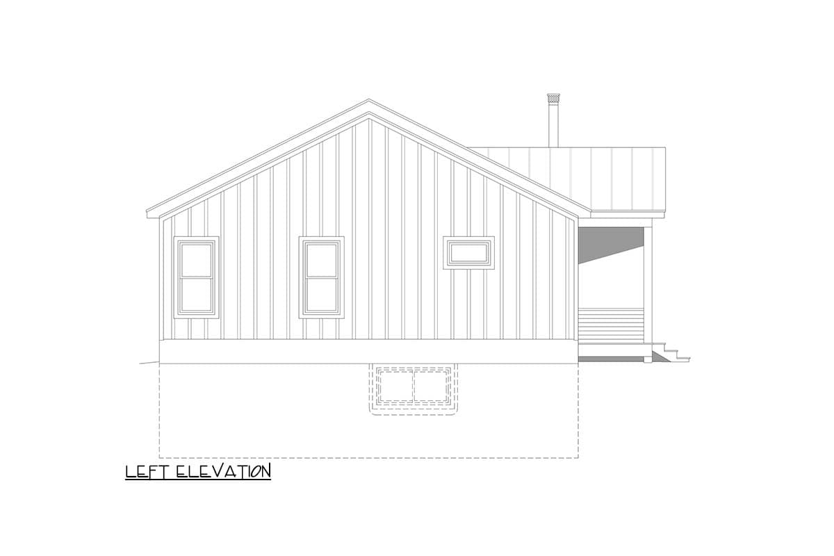 Left elevation drawing of a house plan showing a pitched metal roof, board-and-batten siding, two windows, a chimney, and a covered porch.