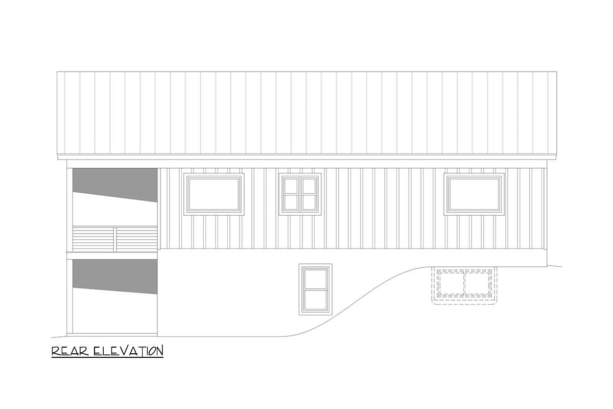 Rear elevation drawing of a house plan with a covered porch, horizontal siding, and multiple windows.