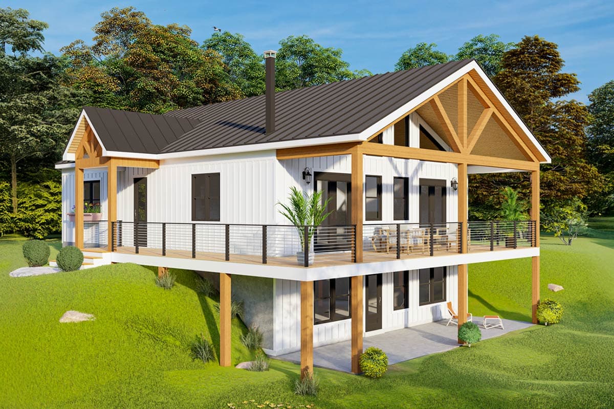 House plan exterior with two stories. Modern farmhouse style with gabled roof, timber porch supports, and a deck with metal railings.