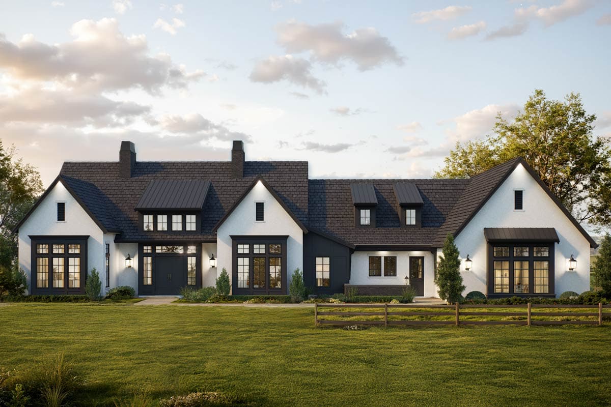 House plan exterior: Modern Farmhouse style, white stucco, dark gables, dormers, and large multi-pane windows.