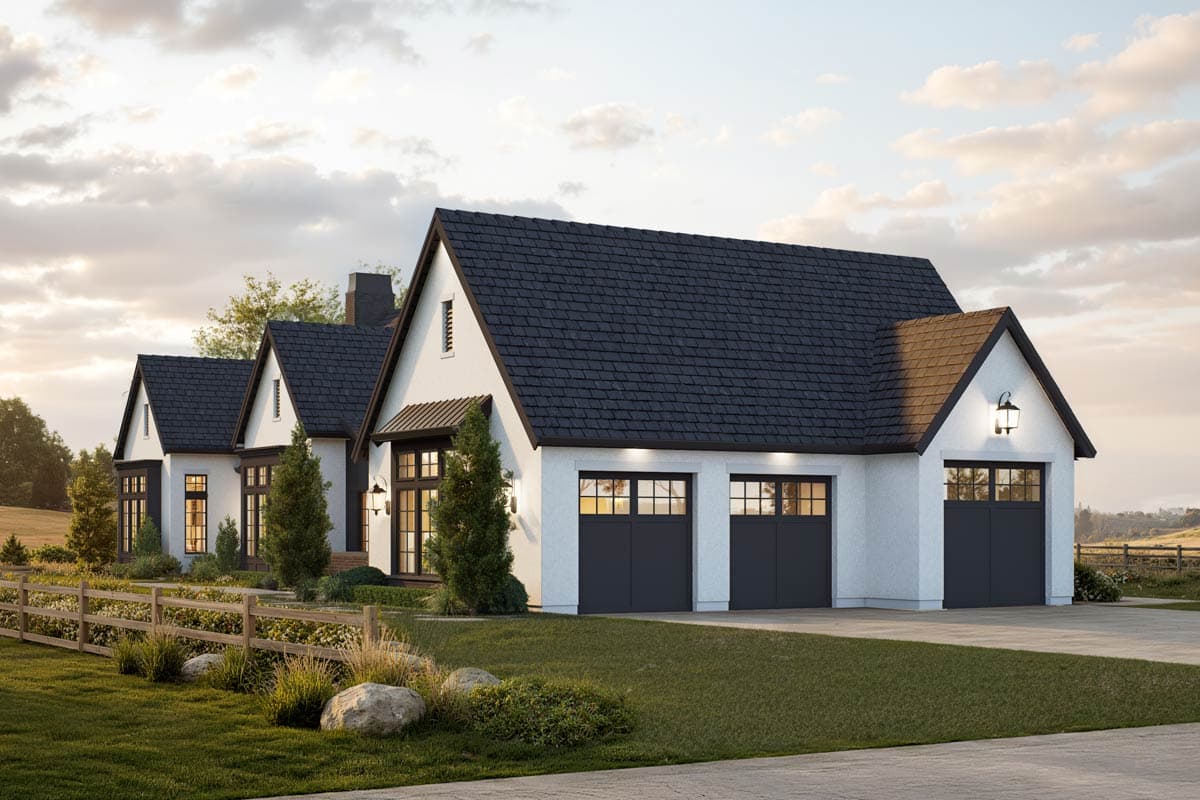 House plan exterior: Modern Farmhouse style, two stories, white stucco, gabled dormers, dark shingle roof, three-car garage.