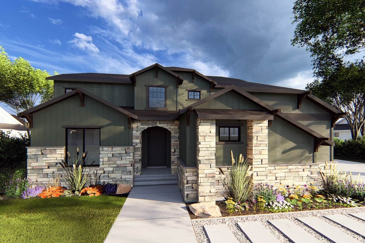 House plan exterior. Two-story Modern Farmhouse with stone facade, gabled rooflines, and a covered entry porch.