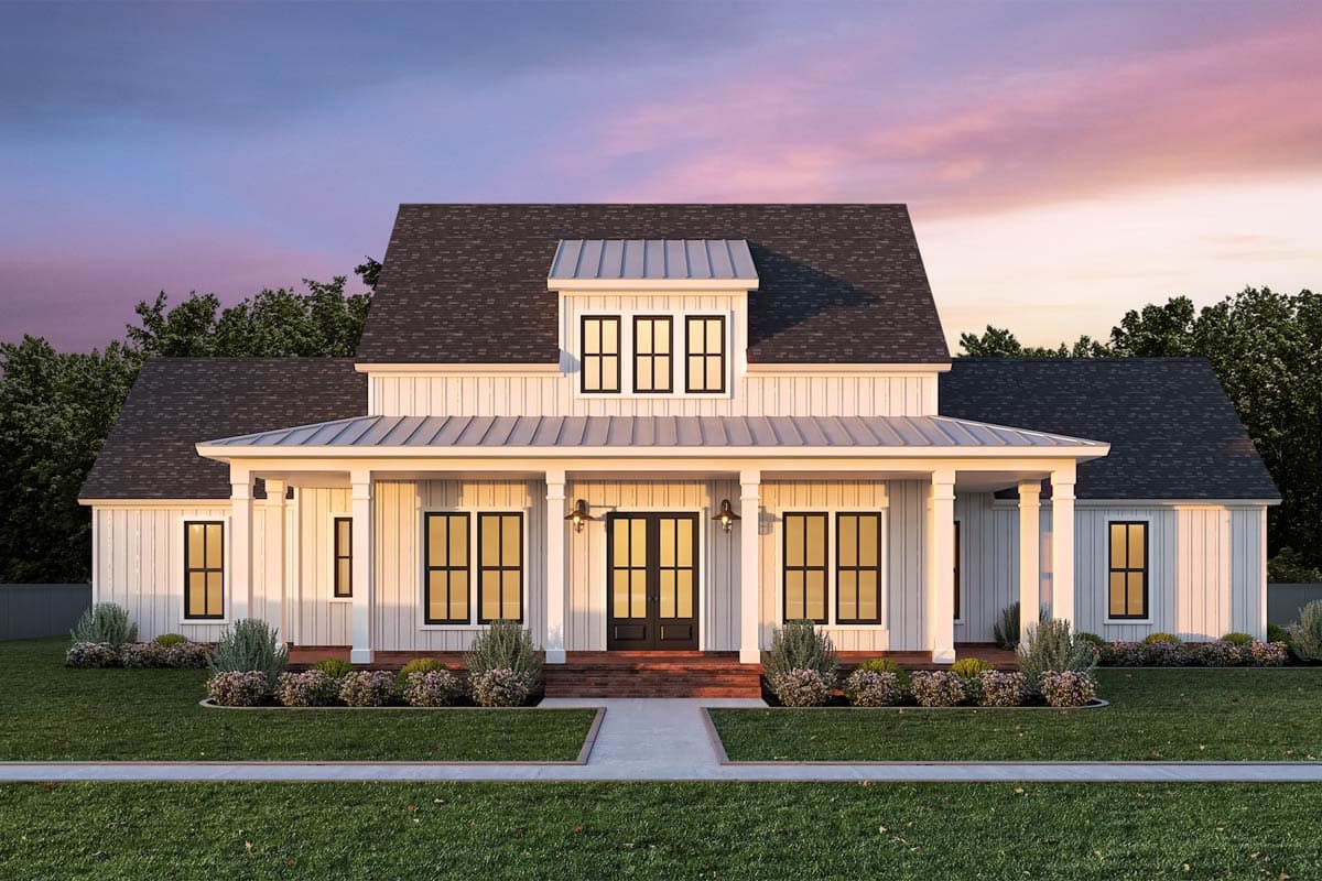 House plan exterior. Two-story Modern Farmhouse with a gabled roof, prominent front porch, and dormer. Features include board and batten siding.