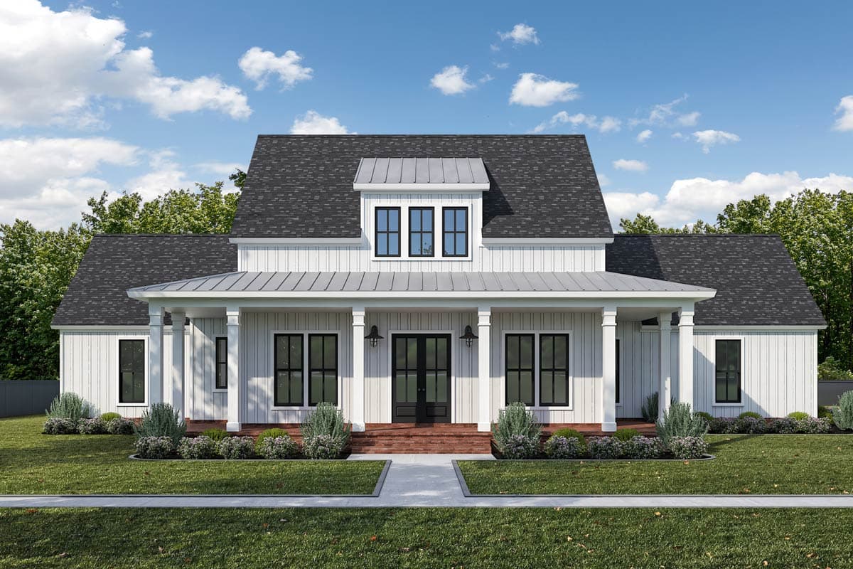 House plan exterior: Modern Farmhouse style, two stories, white board and batten siding, large covered porch, dormer.