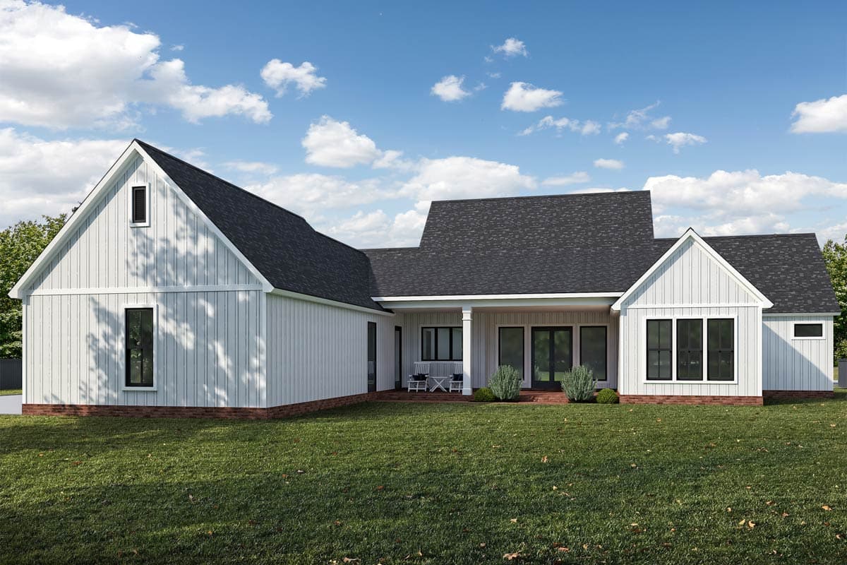 Modern Farmhouse house plan exterior with board and batten siding, multiple gables, covered porch, and large windows.