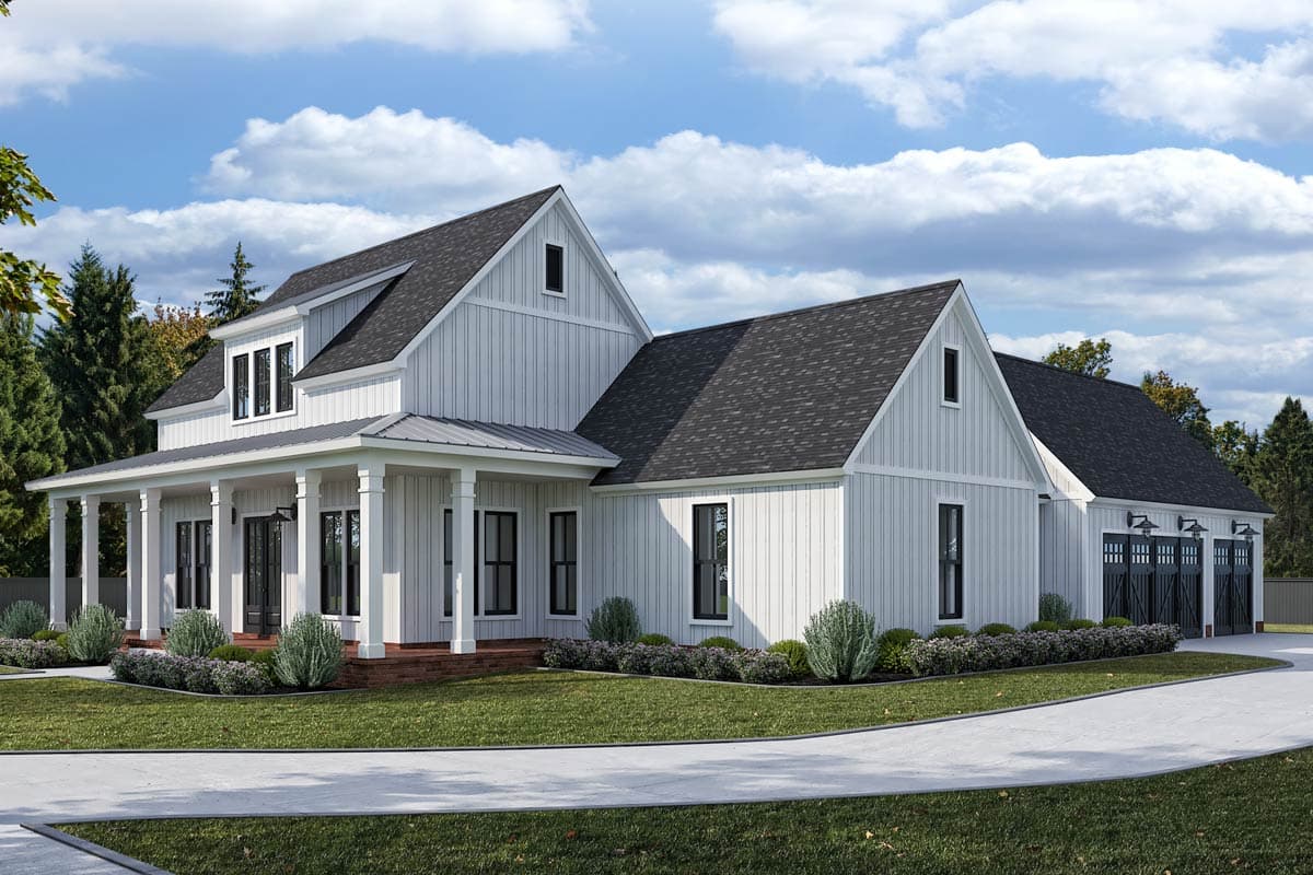Modern Farmhouse house plan exterior with wrap-around porch, gables, and a three-car garage.