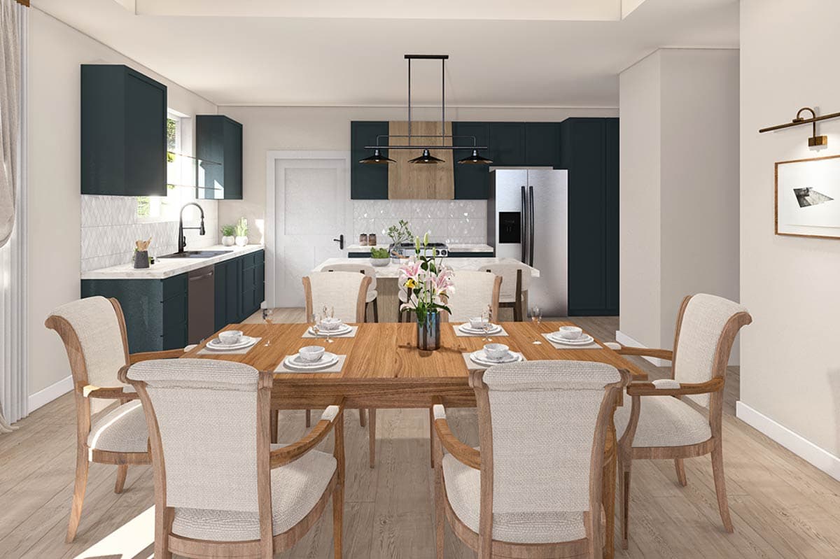 Interior rendering of a dining room and kitchen with dark cabinets, wooden table, and island seating.