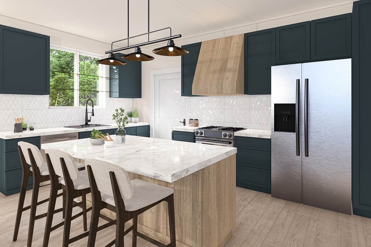 Modern kitchen rendering with dark blue cabinets, marble island with seating, stainless steel refrigerator, and a wooden range hood.