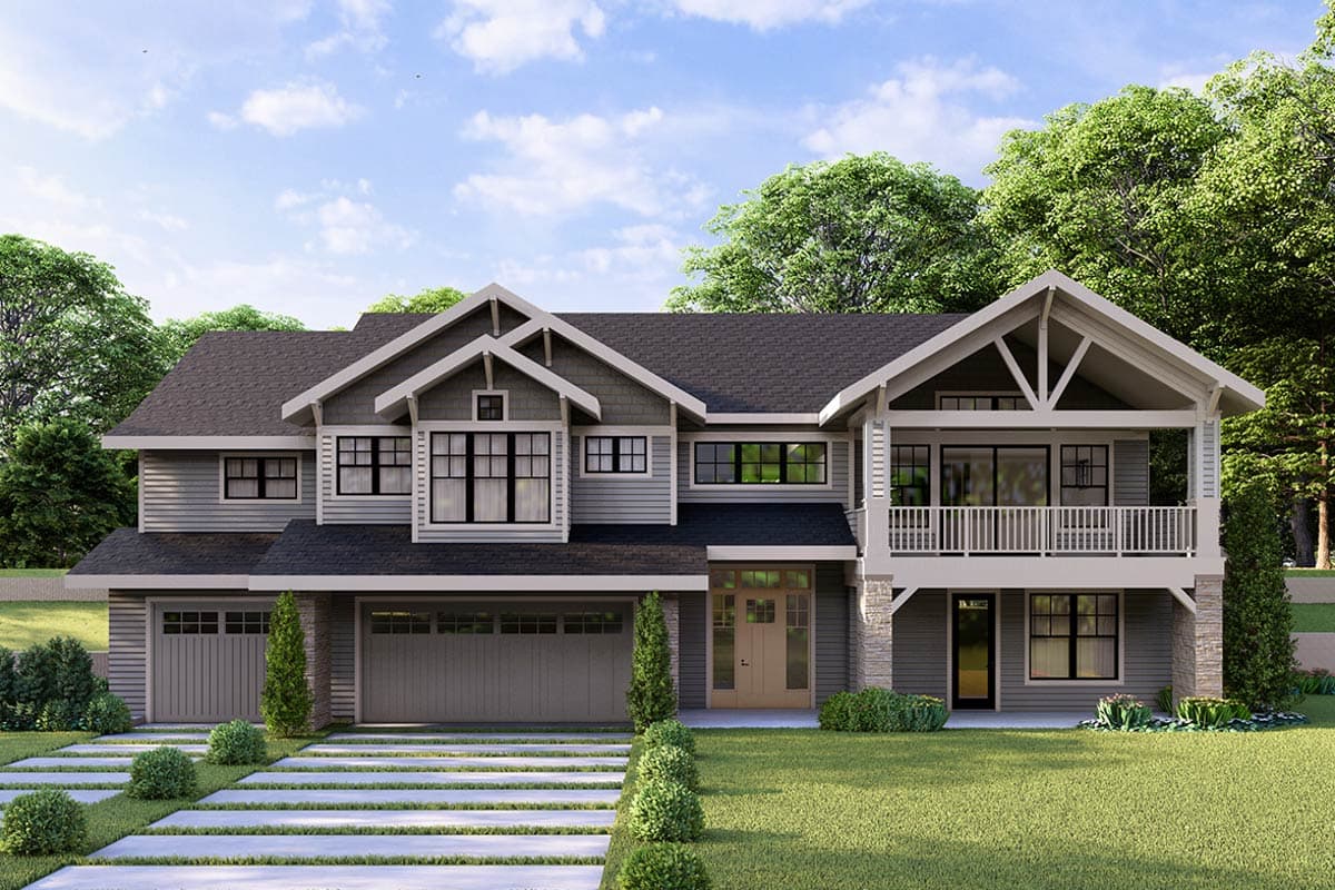 House plan exterior featuring Craftsman-style design, two stories, gabled roof, a covered porch, and a two-car garage.
