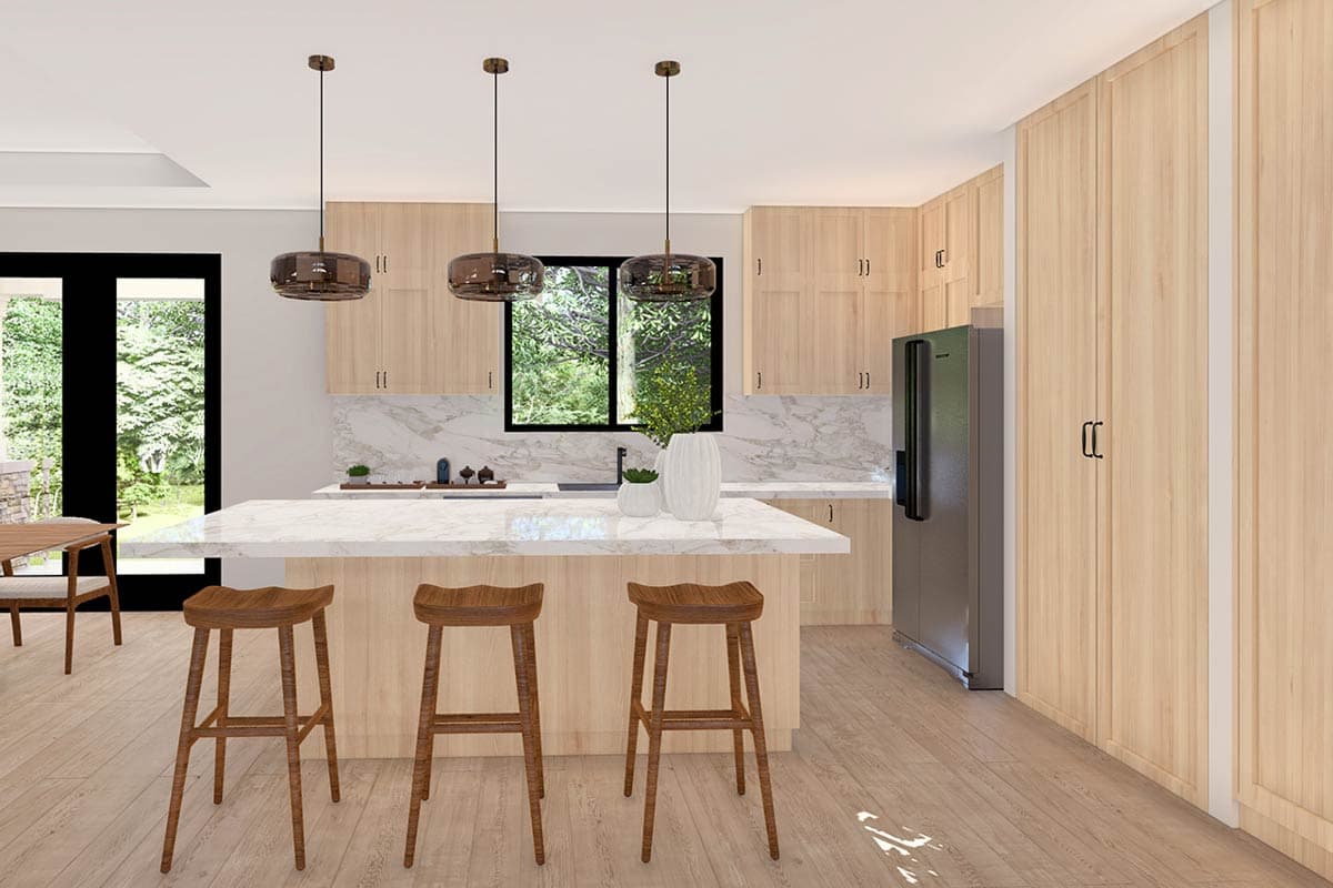 Kitchen rendering with light wood cabinets, marble countertops, island with bar stools, and stainless steel refrigerator.