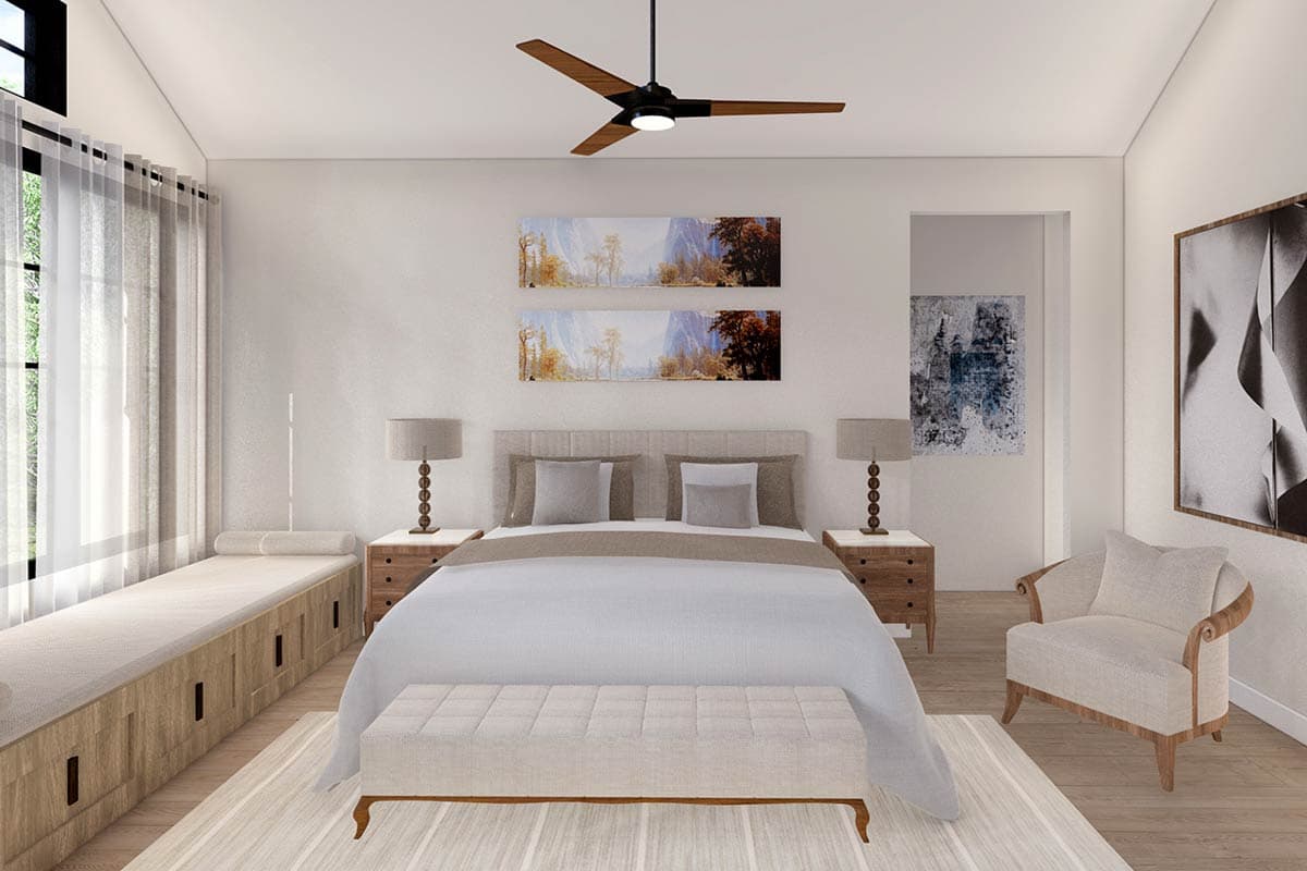 Bedroom rendering with king bed, bench, built-in window seat, ceiling fan, and artwork.