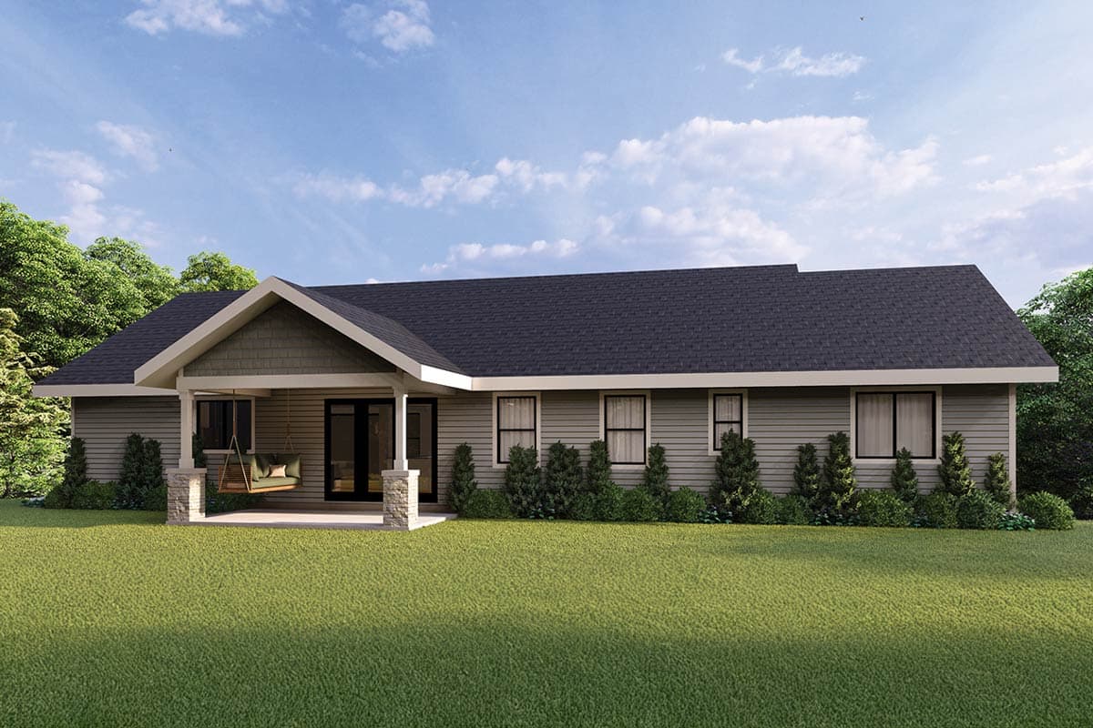 House plan exterior: Single-story ranch with covered porch, stone pillars, shingle gable, and horizontal siding.