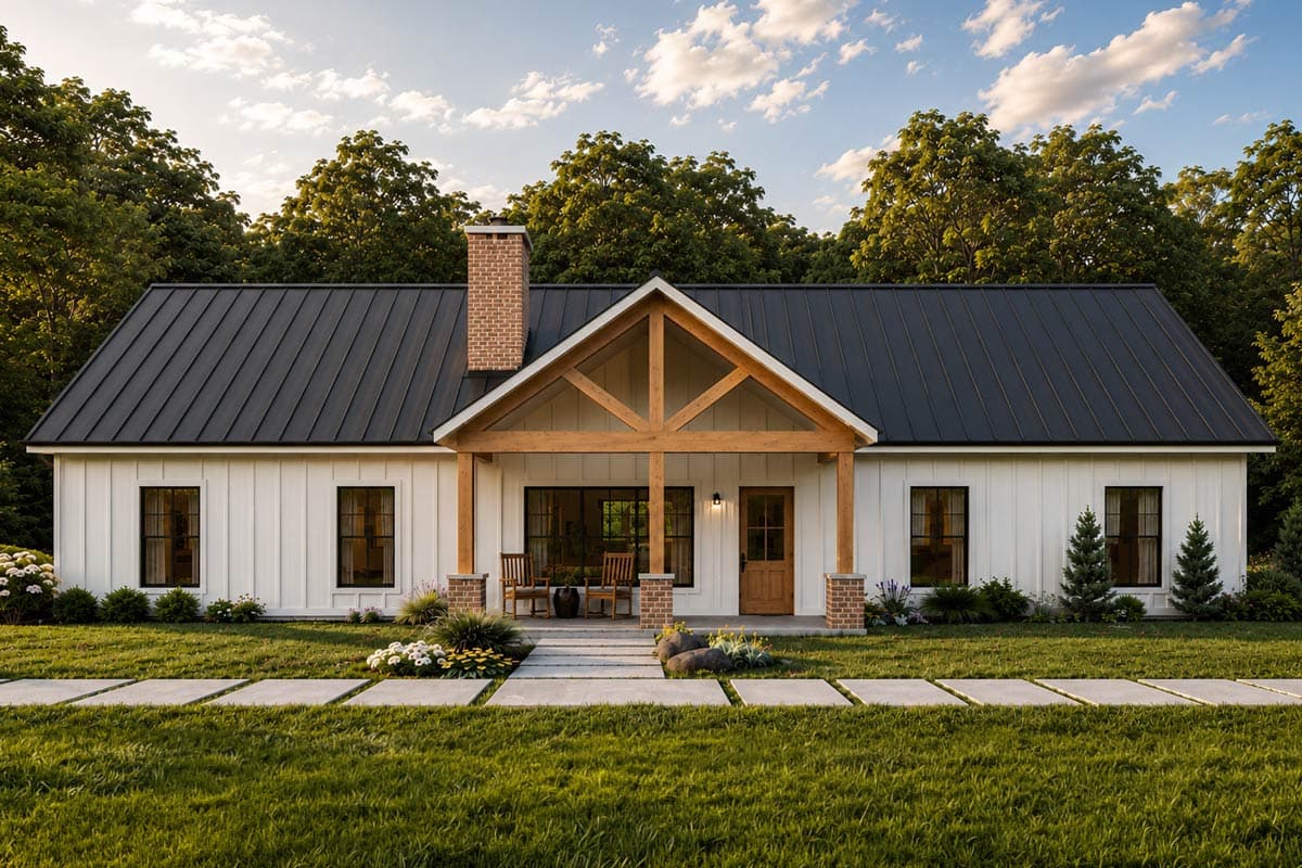 House plan exterior with gable roof, covered porch with exposed trusses, and brick chimney. Features include board and batten siding.