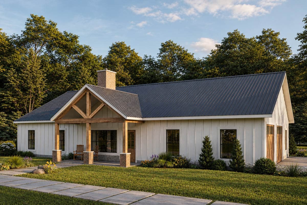House plan exterior: Modern Farmhouse style, single-story with a gable roof, board-and-batten siding, and a covered front porch with timber framing.