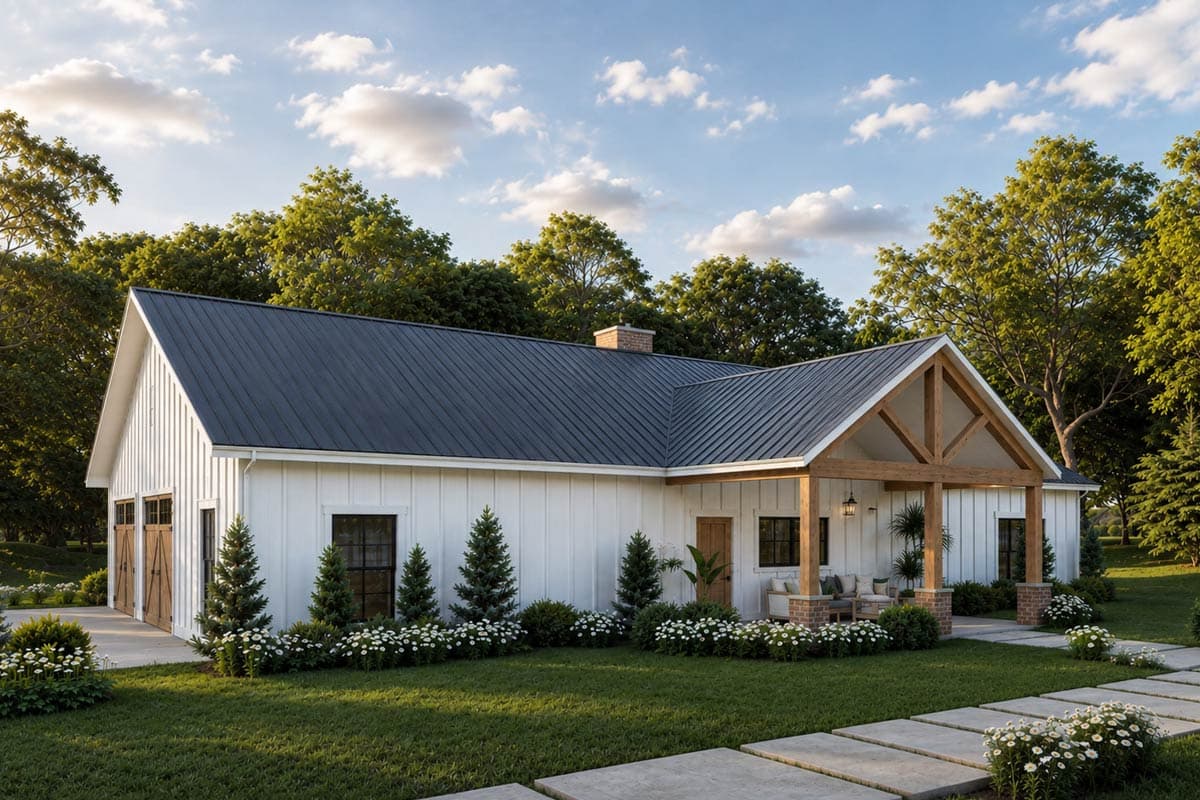Modern Farmhouse style house plan exterior, single story, with prominent gabled front porch, exposed beams and brick chimney.