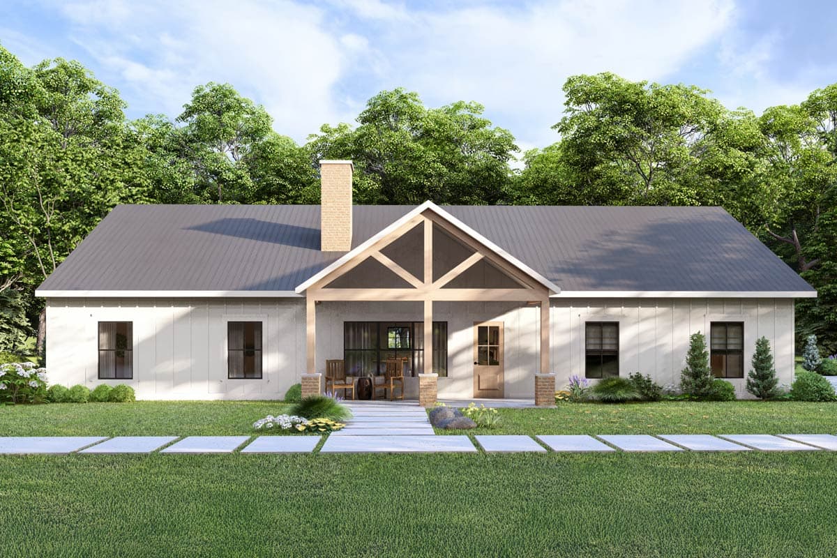 House plan exterior with gable roof, covered porch with exposed trusses, and brick chimney. Features include board and batten siding.