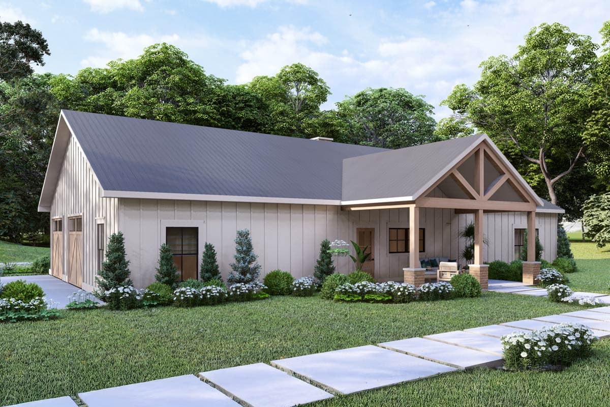 House plan exterior: Modern Farmhouse style, single-story with a gable roof, board-and-batten siding, and a covered front porch with timber framing.
