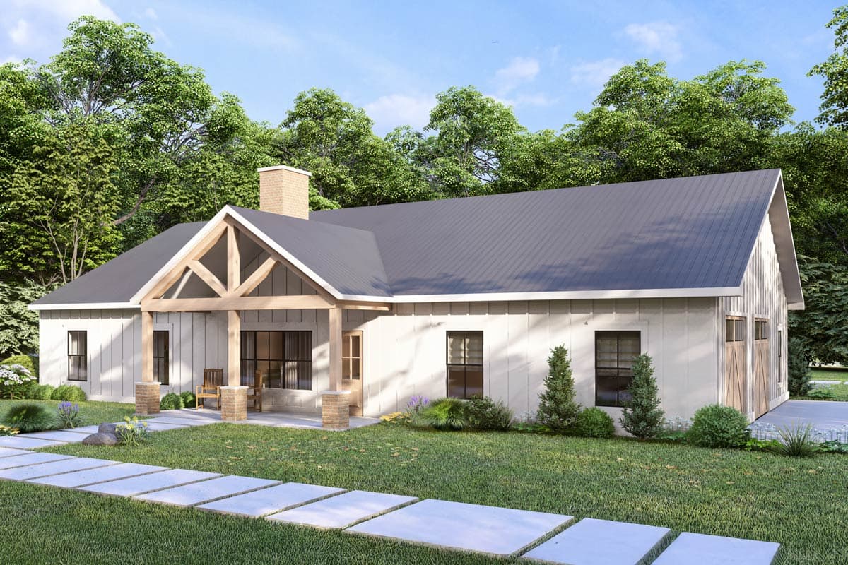 Modern Farmhouse style house plan exterior, single story, with prominent gabled front porch, exposed beams and brick chimney.