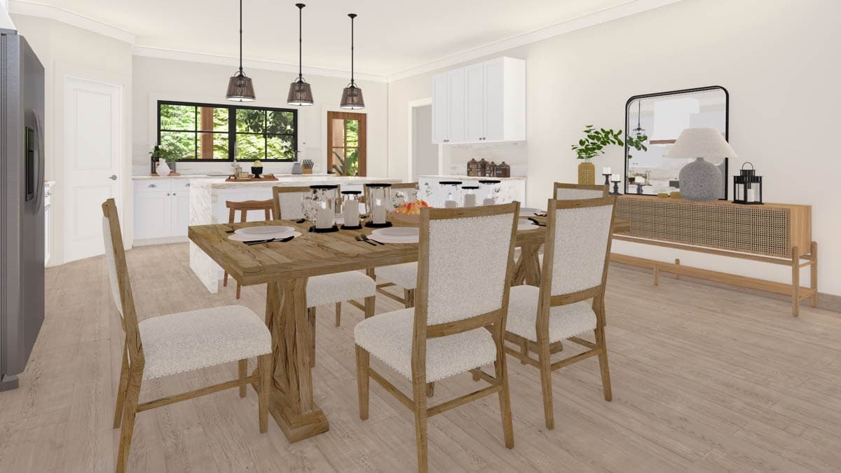 Interior rendering of a dining room and kitchen with a wooden table, chairs, island, and white cabinetry.
