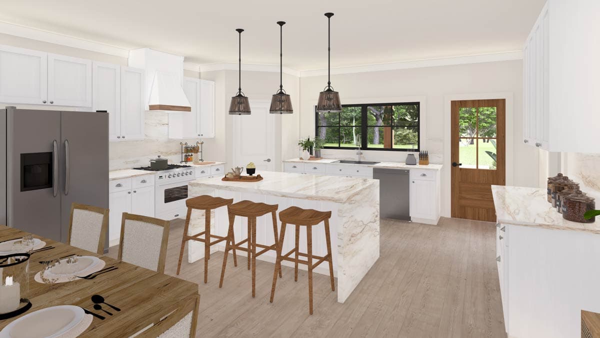 Kitchen with island, marble countertops, white cabinetry, stainless steel appliances, and a wooden door.