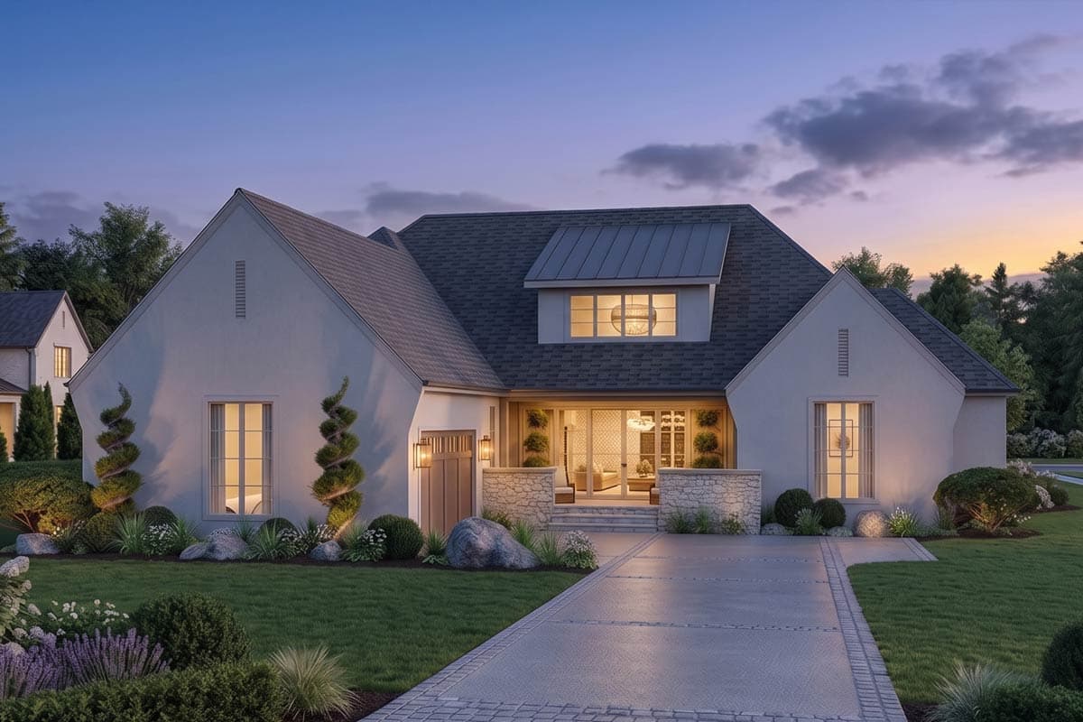 House plan exterior with a gable roof, dormer, stone accents, and a single-car garage.