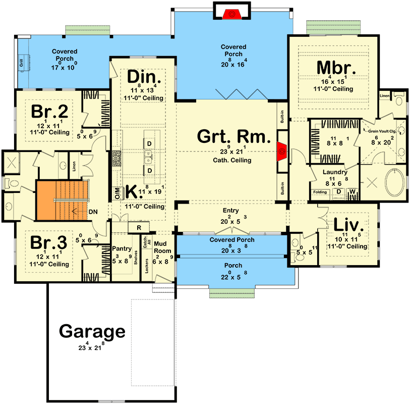 Plan 623495DJ: 3-Bed Contemporary Ranch House Plan with Split-Bedroom Layout - 2545 Sq Ft - Floor Plan - Main Level - Contemporary, Cottage, Ranch, Transitional